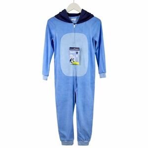 Bluey Kids Hooded Union Suit One Piece Pajamas Blue Fleece Size L 12/14 NEW